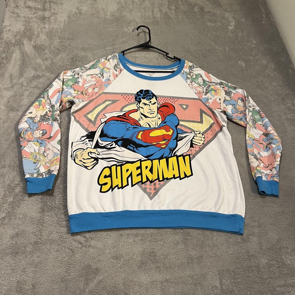 DC Comics Superman Sweatshirt Womens XL White Comic Graphic Raglan Pullover Top